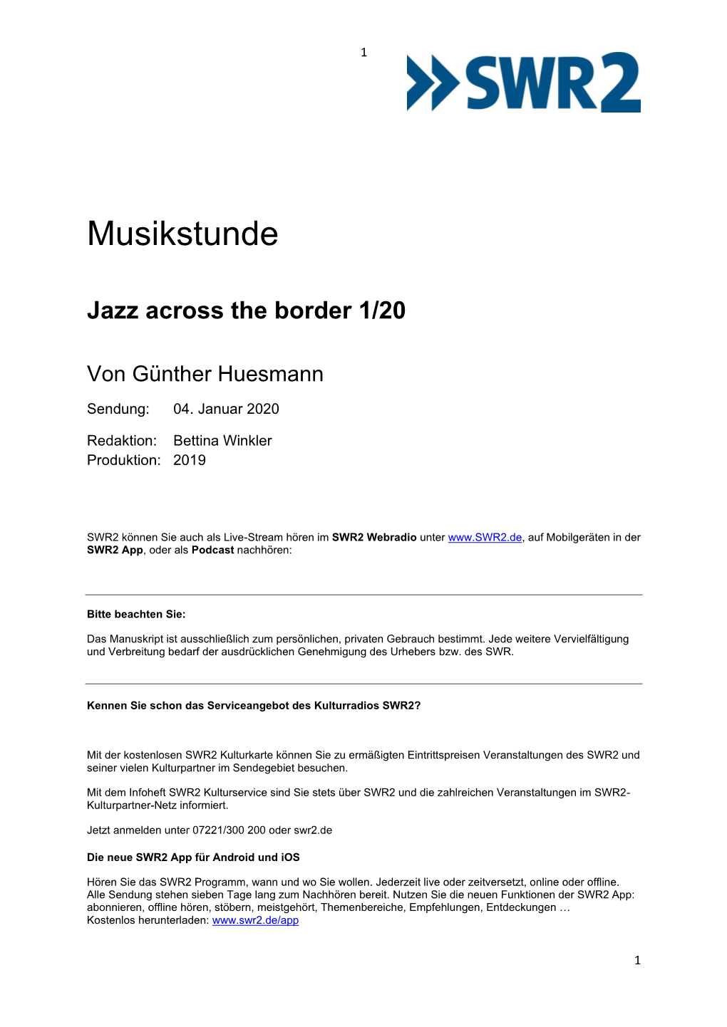 SWR2 Musikstunde Vom 4.1.2020 | Jazz Across the Border