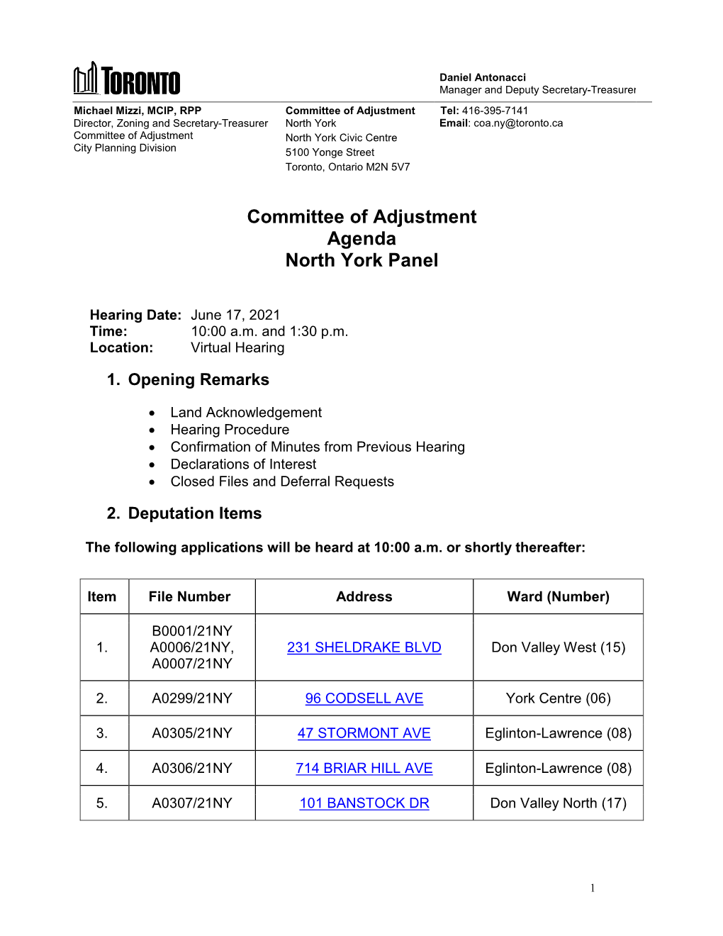 Committee of Adjustment North York, Hearing Agenda, June 17, 2021