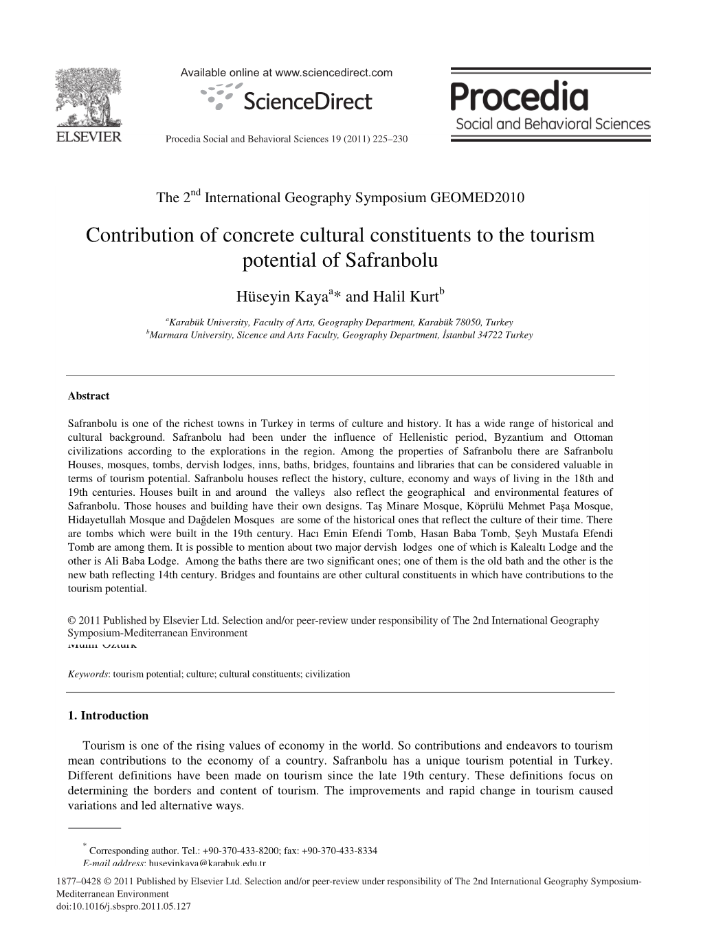 Contribution of Concrete Cultural Constituents to the Tourism Potential of Safranbolu
