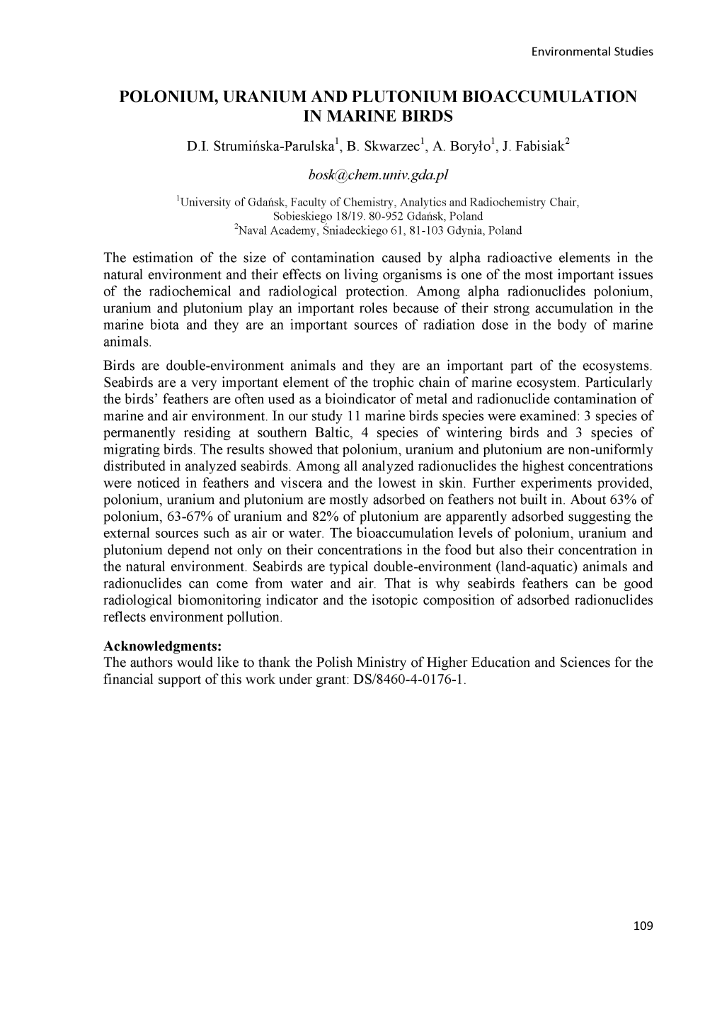 Polonium, Uranium and Plutonium Bioaccumulation in Marine Birds