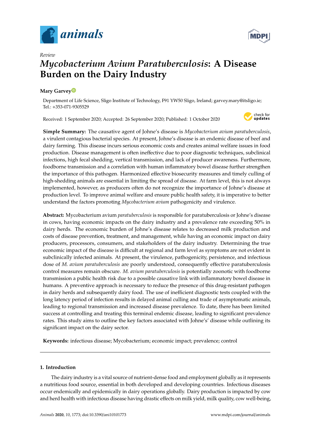 Mycobacterium Avium Paratuberculosis: a Disease Burden on the Dairy Industry