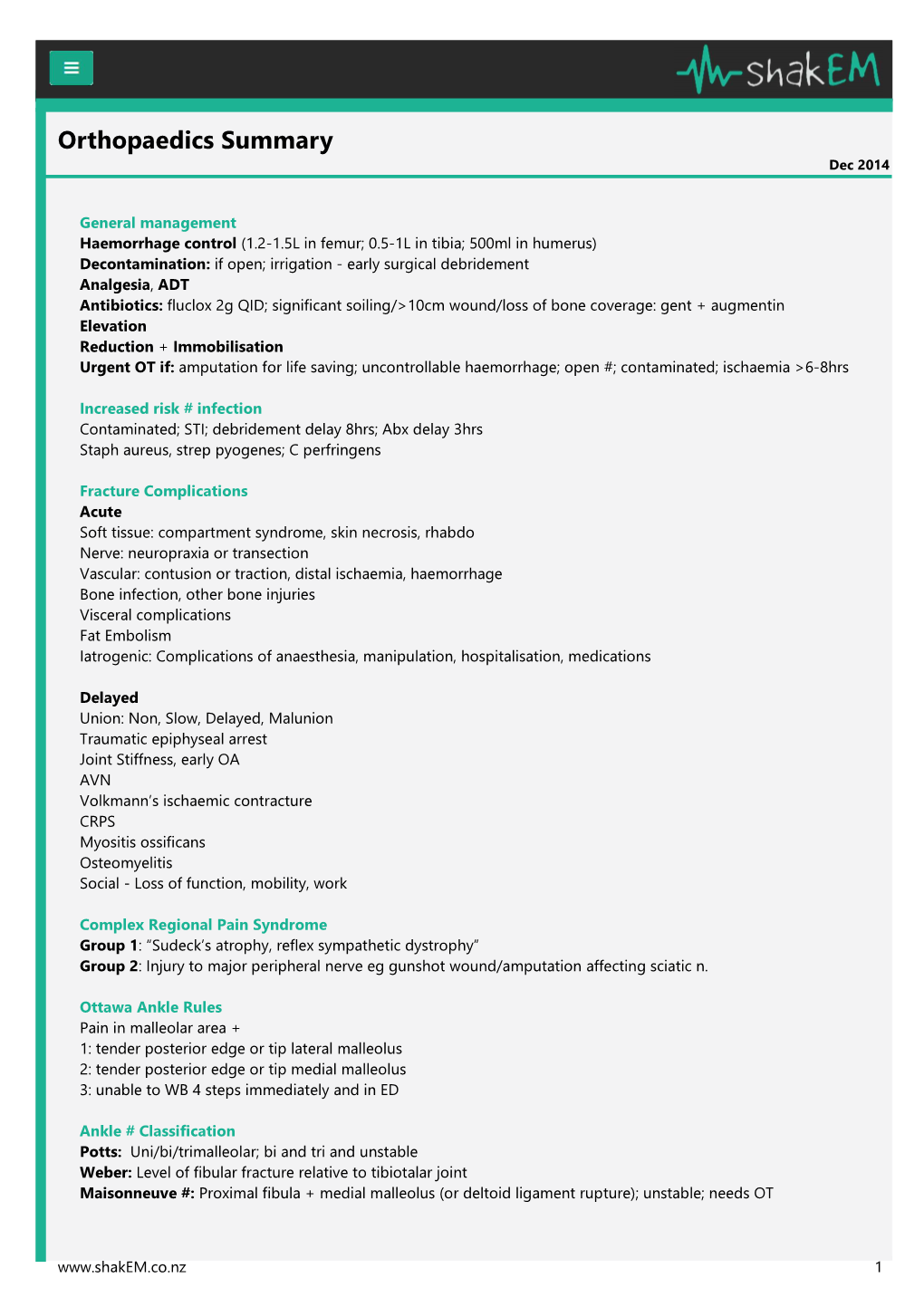 Orthopaedics Summary Dec 2014