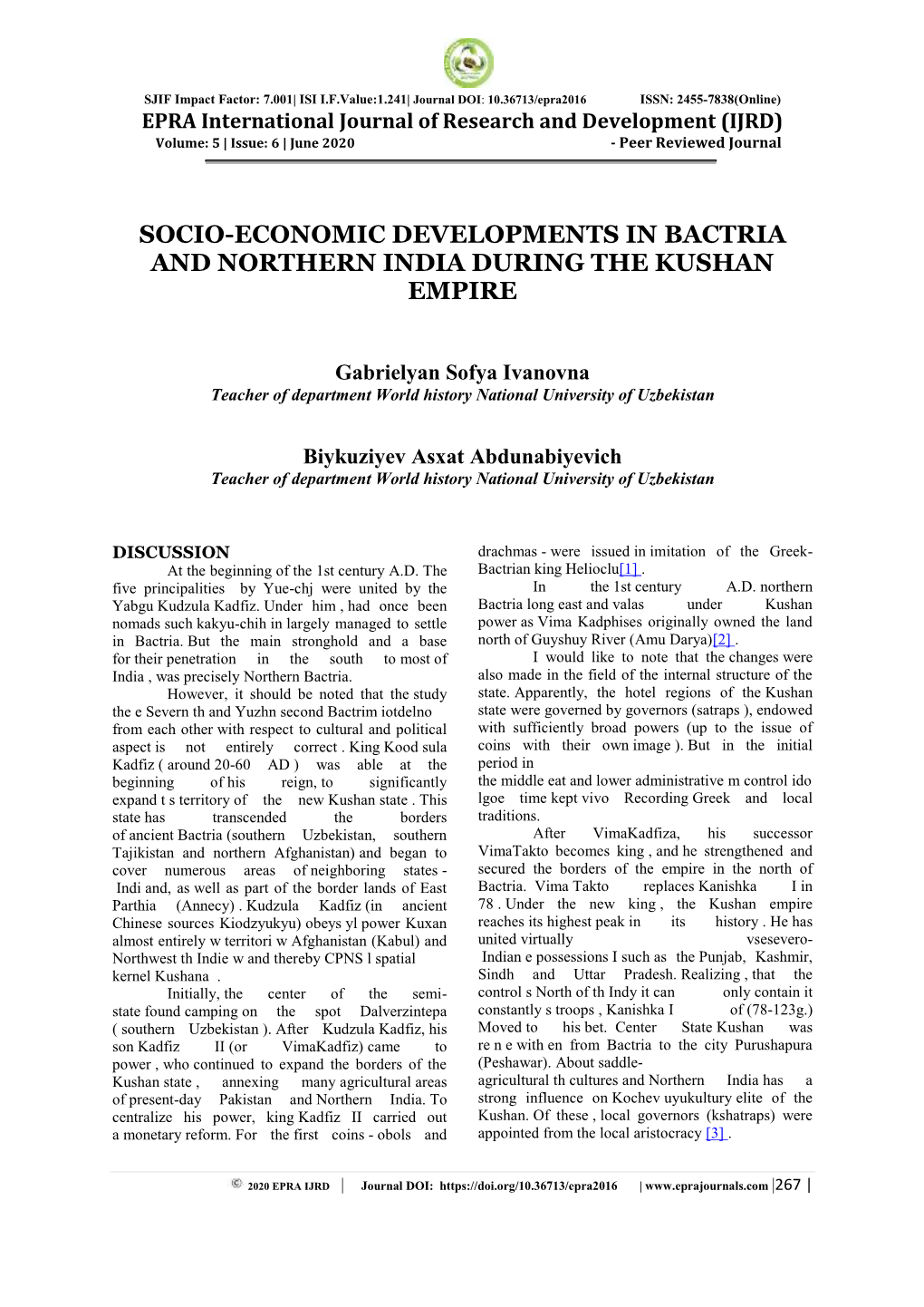 Socio-Economic Developments in Bactria and Northern India During the Kushan Empire