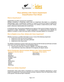 Para Athletes with Vision Impairment Classification Fact Sheet