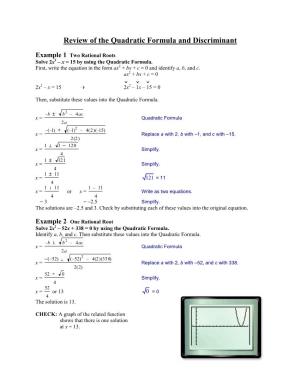 Review of the Quadratic Formula and Discriminant