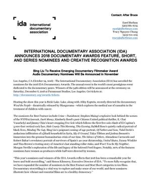 (Ida) Announces 2018 Documentary Awards Feature, Short, and Series Nominees and Creative Recognition Awards