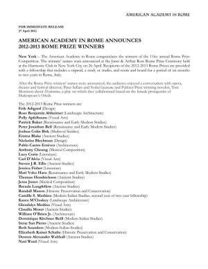 American Academy in Rome Announces 2012-2013 Rome Prize Winners