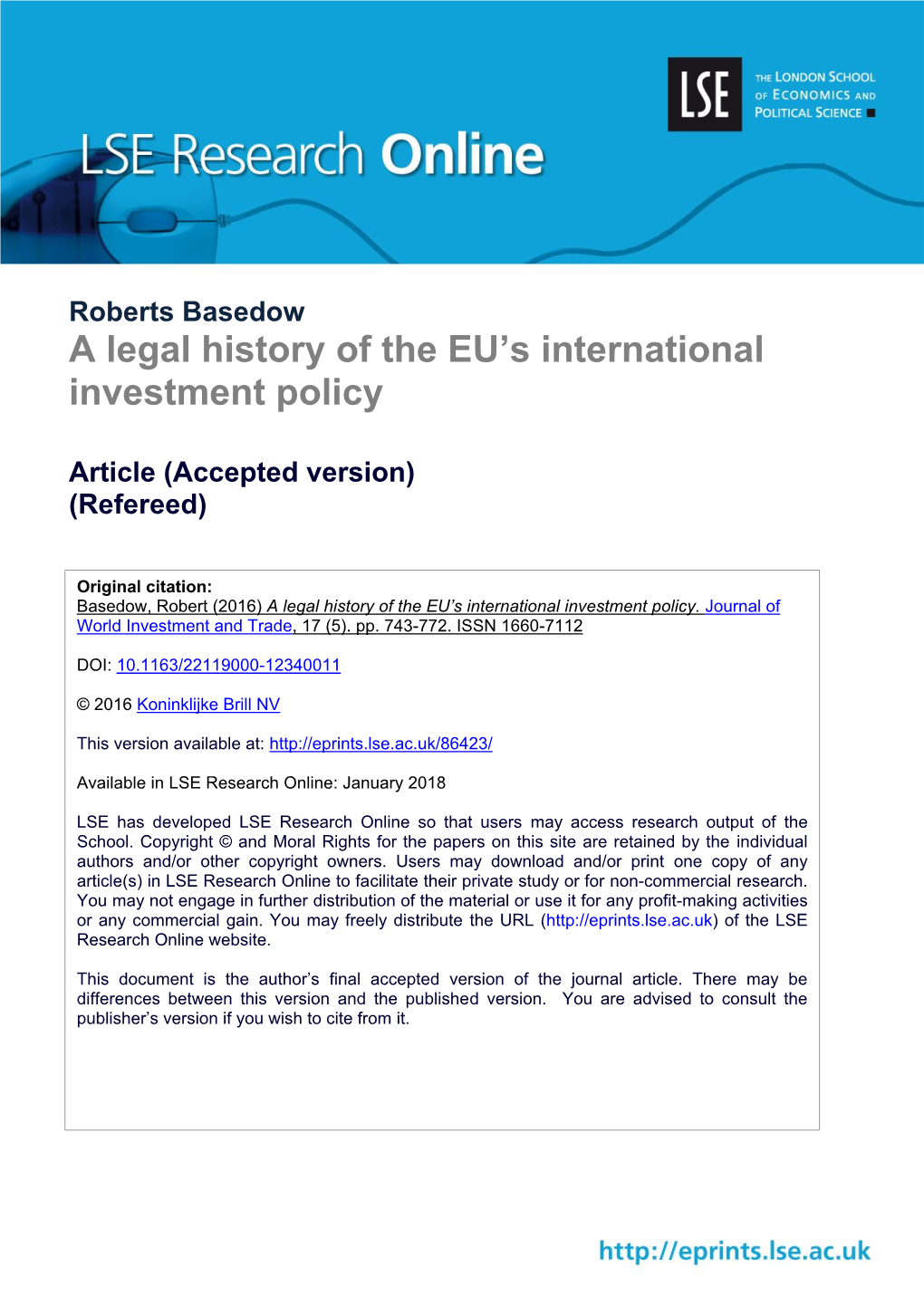 A Legal History of the EU's International Investment Policy