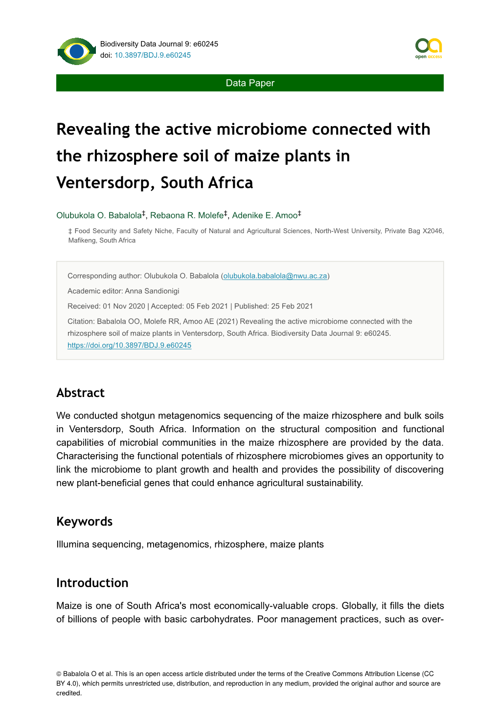 Revealing the Active Microbiome Connected with the Rhizosphere Soil of Maize Plants in Ventersdorp, South Africa