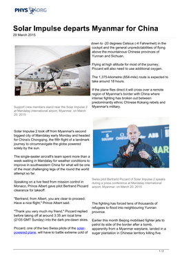 Solar Impulse Departs Myanmar for China 29 March 2015