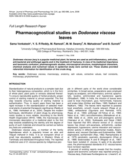 Pharmacognostical Studies on Dodonaea Viscosa Leaves