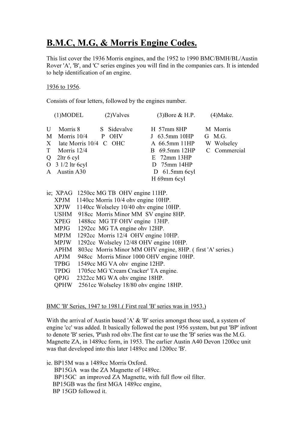 B.M.C, M.G, & Morris Engine Codes