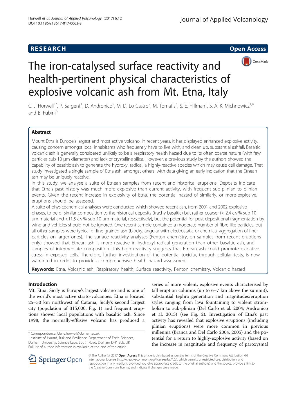 The Iron-Catalysed Surface Reactivity and Health-Pertinent Physical Characteristics of Explosive Volcanic Ash from Mt. Etna, Italy C