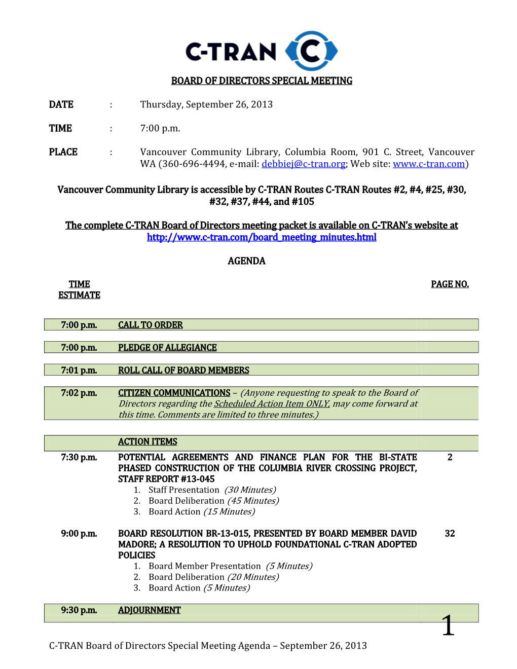 C-TRAN Board of Directors Special Meeting Agenda – September 26, 2013