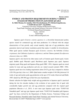 Energy and Protein Requirements During Various Stages of Production in Japanese Quails K