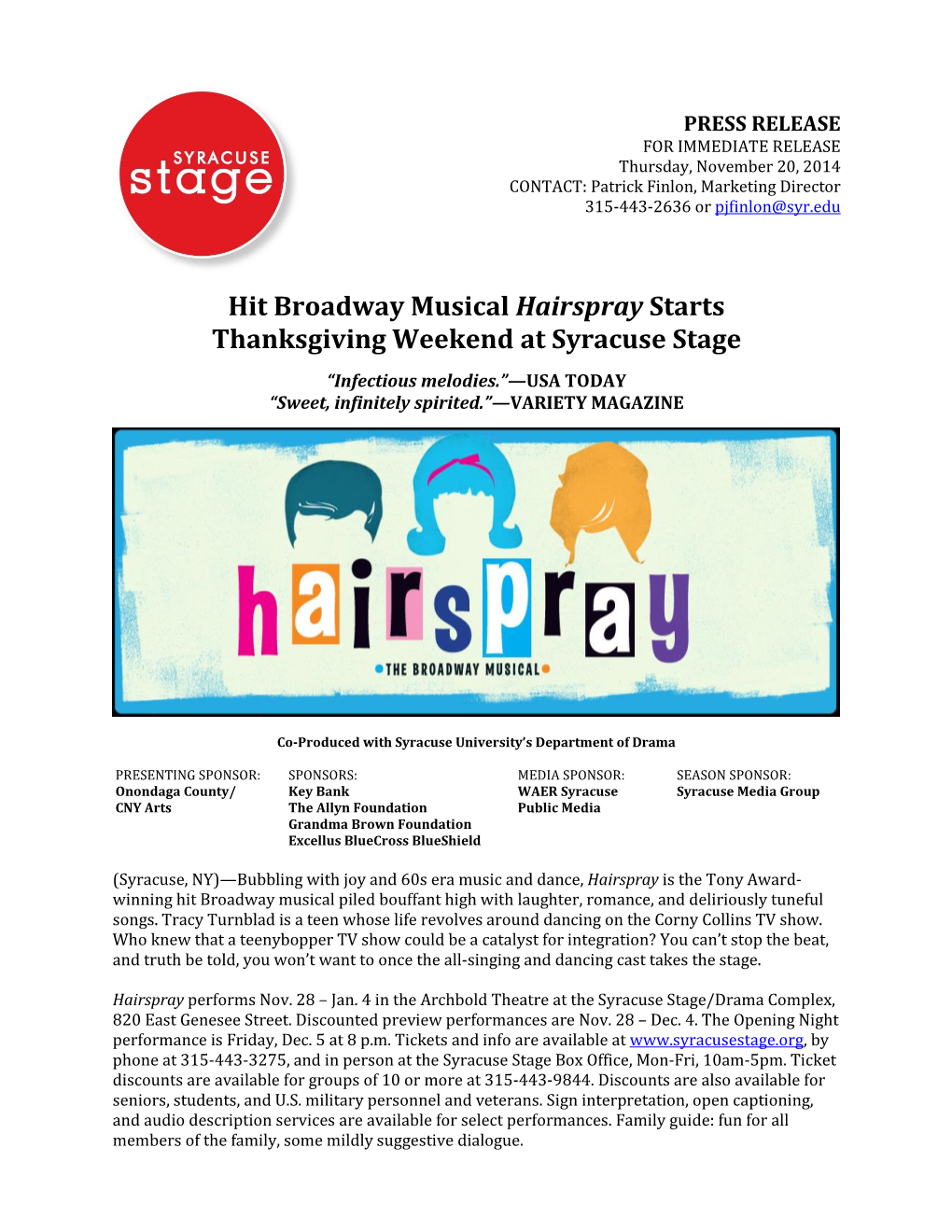 Hit Broadway Musical Hairspray Starts Thanksgiving Weekend at Syracuse Stage