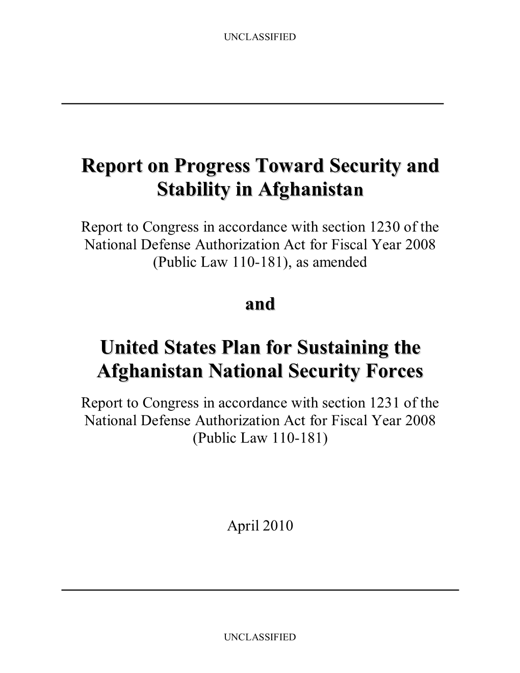 Report on Progress Toward Security and Stability in Afghanistan And