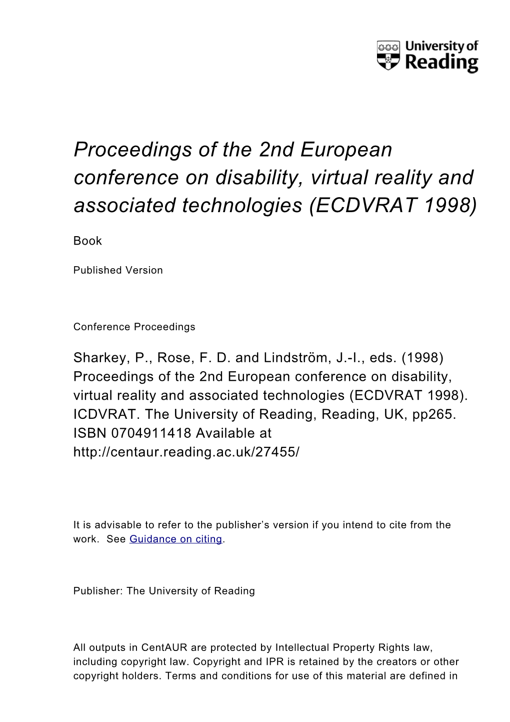 European Conference on Disability, Virtual Reality and Associated Technologies (ECDVRAT 1998)