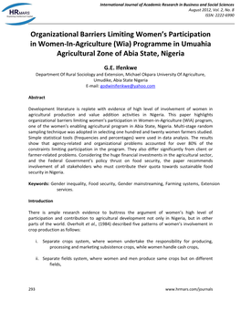 (Wia) Programme in Umuahia Agricultural Zone of Abia State, Nigeria