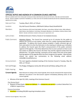 Common Council Meeting Notice Is Hereby Given That a Regularly Scheduled Public Meeting Will Be Held on the Date, Time and Location Shown Below