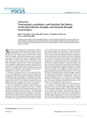 Introduction. Neurosurgery, Psychiatry, and Function: the History