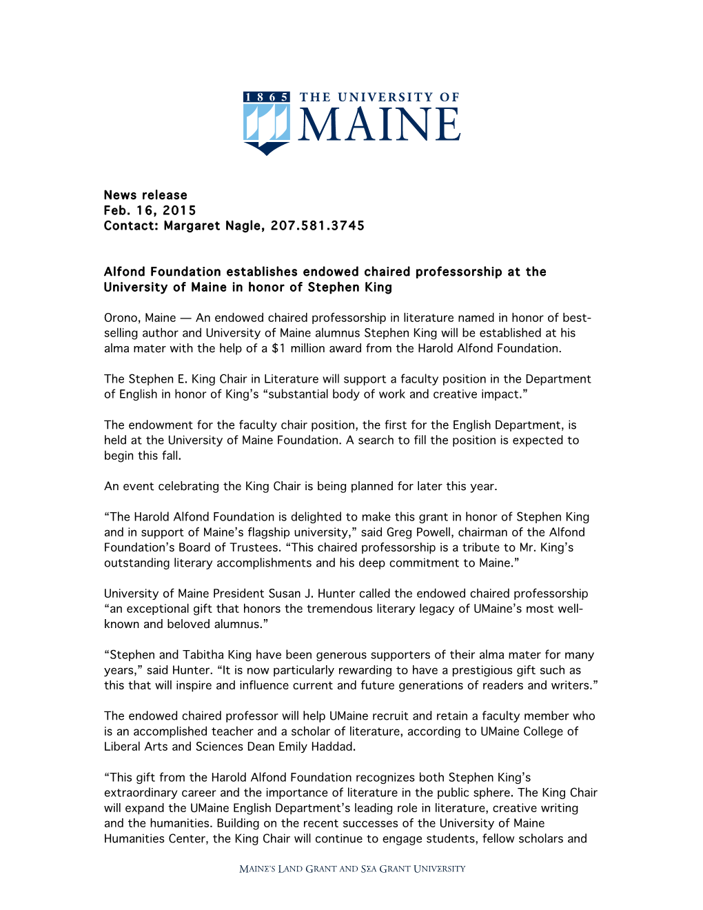 Alfond Foundation Establishes Endowed Chaired Professorship at the University of Maine in Honor of Stephen King