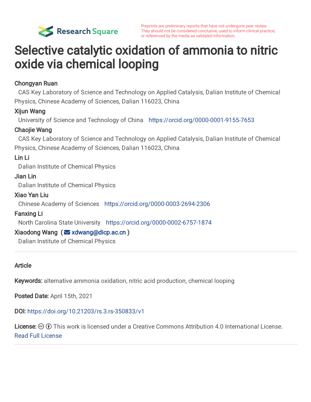 Selective Catalytic Oxidation of Ammonia to Nitric Oxide Via Chemical Looping