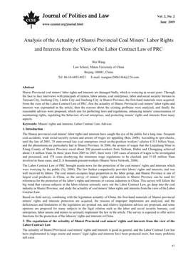 Analysis of the Actuality of Shanxi Provincial Coal Miners' Labor