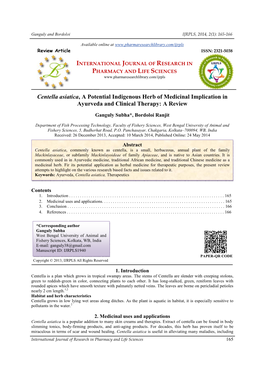 Centella Asiatica, a Potential Ayurveda and Clin , a Potential