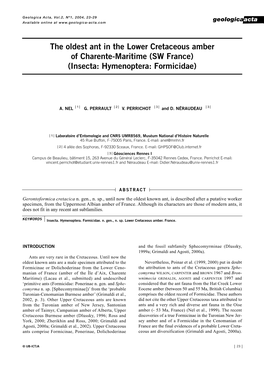 The Oldest Ant in the Lower Cretaceous Amber of Charente-Maritime (SW France) (Insecta: Hymenoptera: Formicidae)