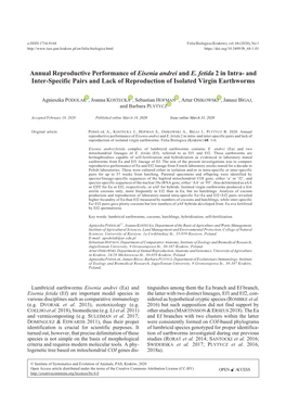 Annual Reproductive Performance of Eisenia Andrei and E. Fetida 2 in Intra- and Inter-Specific Pairs and Lack of Reproduction of Isolated Virgin Earthworms