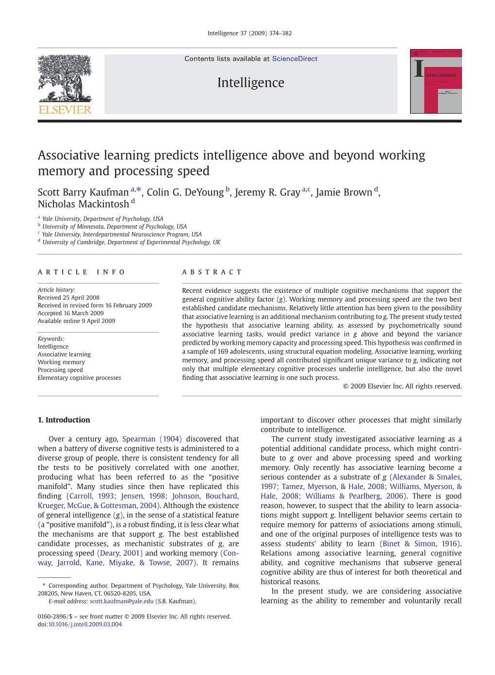 Associative Learning Predicts Intelligence Above and Beyond Working Memory and Processing Speed
