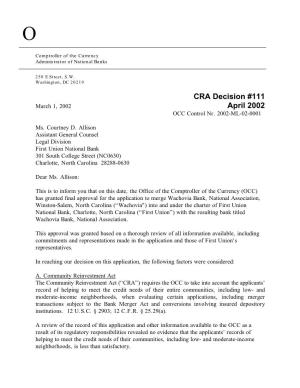 CRA Decision #111 April 2002