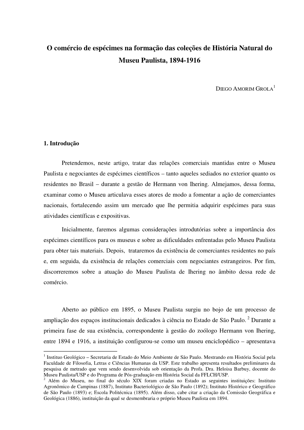 O Comércio De Espécimes Na Formação Das Coleções De História Natural Do Museu Paulista, 1894-1916