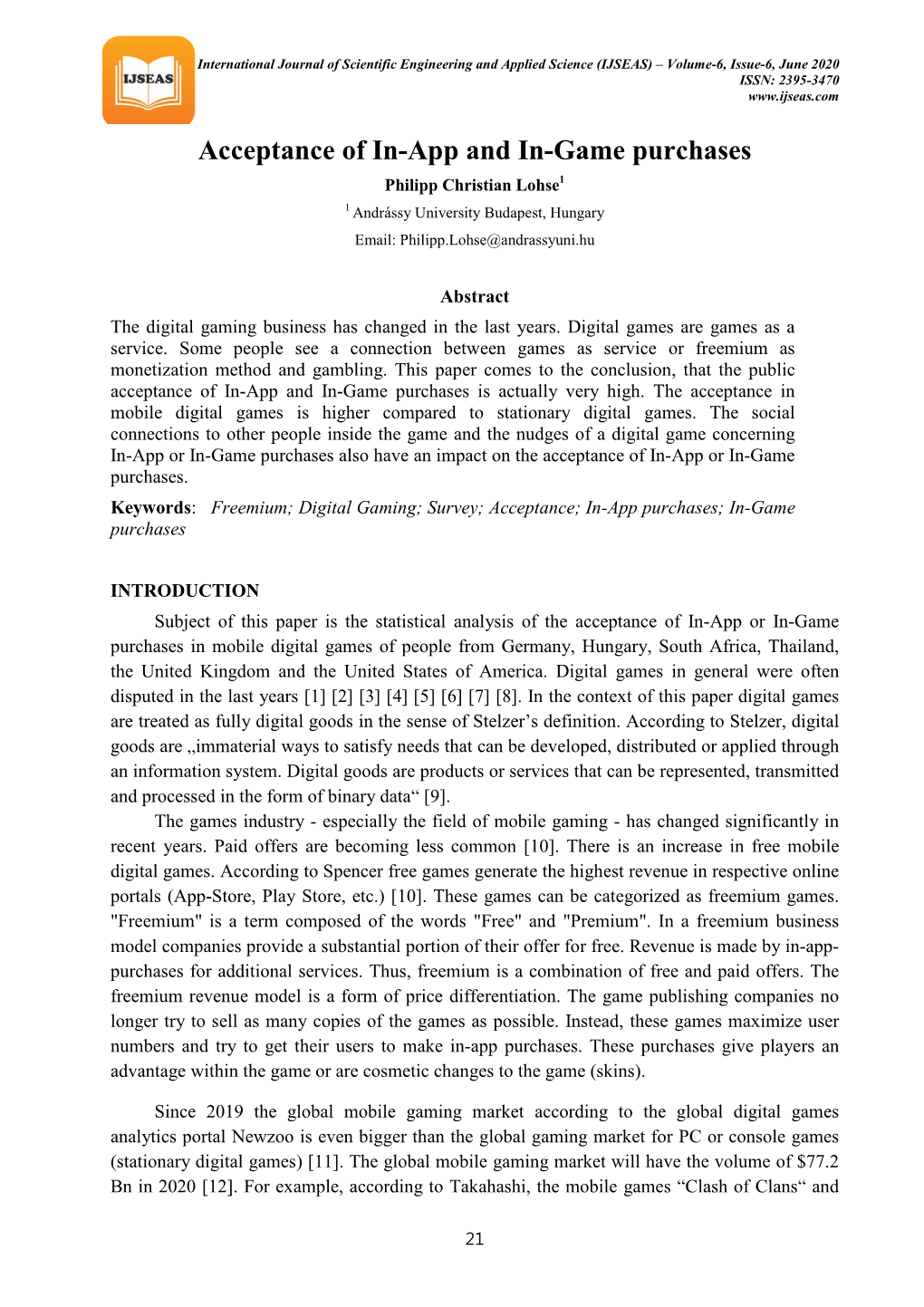 Acceptance of In-App and In-Game Purchases 1 Philipp Christian Lohsep 1 P Andrássyp University Budapest, Hungary Email: Philipp.Lohse@Andrassyuni.Hu