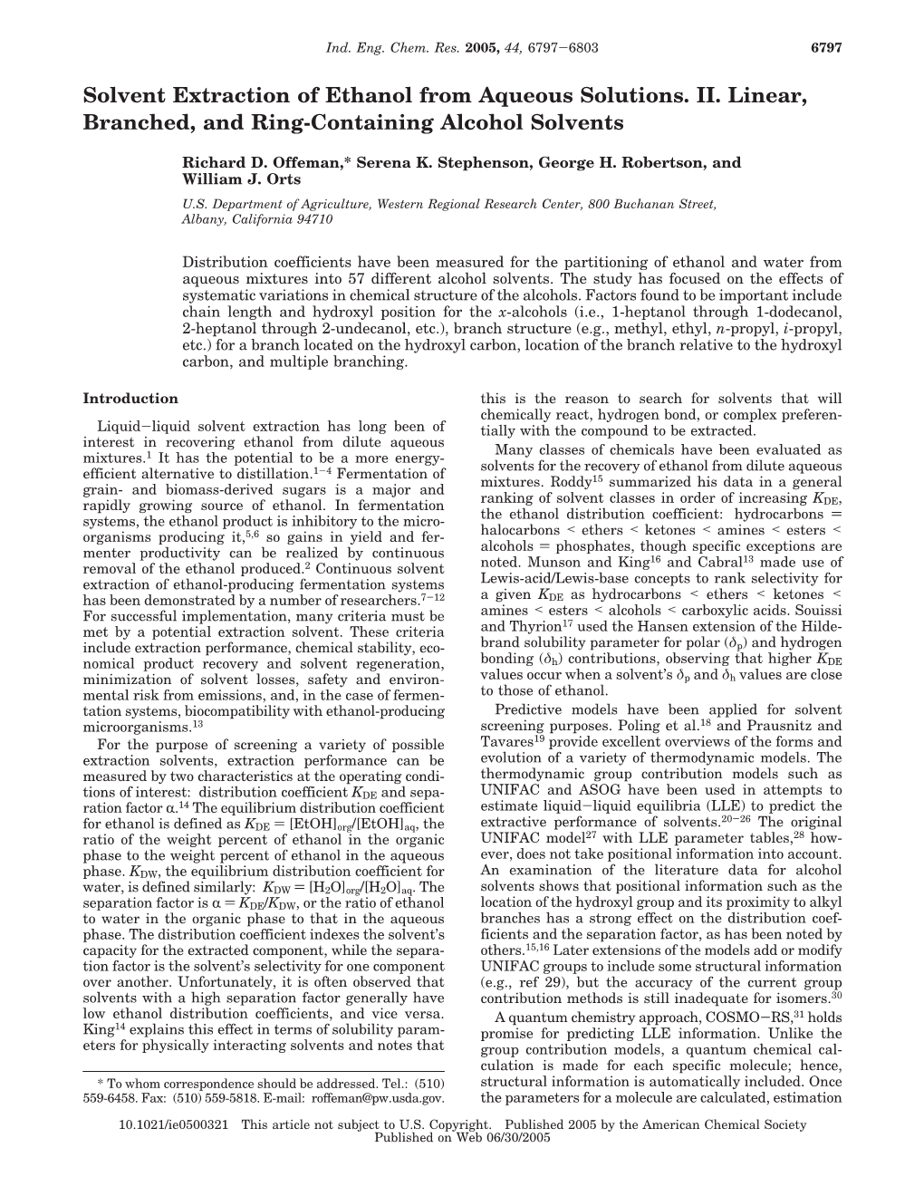 Solvent Extraction of Ethanol from Aqueous Solutions. II. Linear, Branched, and Ring-Containing Alcohol Solvents