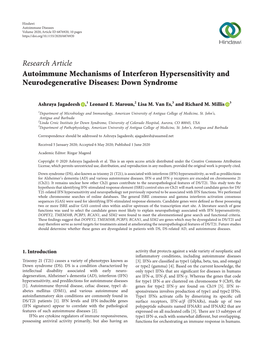 Autoimmune Mechanisms of Interferon Hypersensitivity and Neurodegenerative Diseases: Down Syndrome