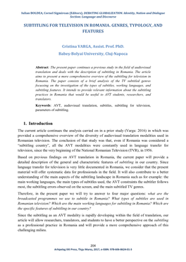 Subtitling for Television in Romania. Genres, Typology, and Features