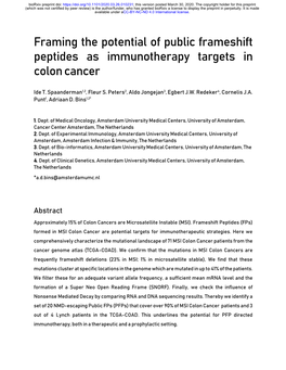 Framing the Potential of Public Frameshift Peptides As Immunotherapy Targets in Colon Cancer