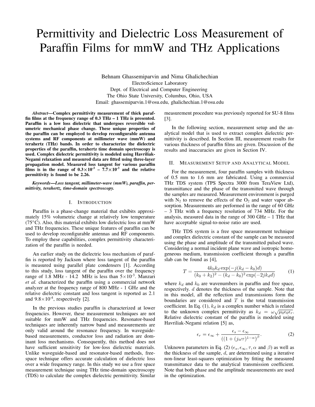 Permittivity and Dielectric Loss Measurement of Paraffin Films for Mmw and Thz Applications