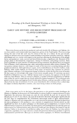 Proceedings of the Fourth International Workshop on Lobster Biology and Management, 1993 EARLY LIFE HISTORY and RECRUITMENT PROC