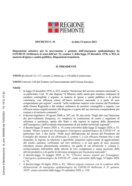 DECRETO N. 36 in Data 12 Marzo 2021 Disposizioni Attuative Per La Prevenzione E Gestione Dell'emergenza Epidemiologica Da