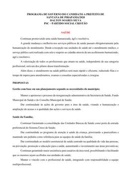 Programa De Governo Do Candidato a Prefeito De Santana De Pirapama/2020 Dalton Soares Silva Psc – Partido Social Cristão