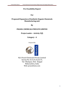 Prefeasibility Report Prasol Chemicals Private Limited, Village Honad, Dist Raigad, Maharashtra