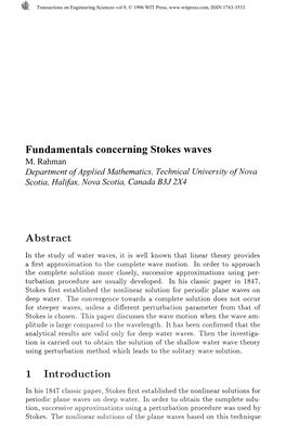 Fundamentals Concerning Stokes Waves M. Rahman Department Of