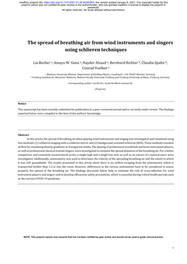 The Spread of Breathing Air from Wind Instruments and Singers Using Schlieren Techniques