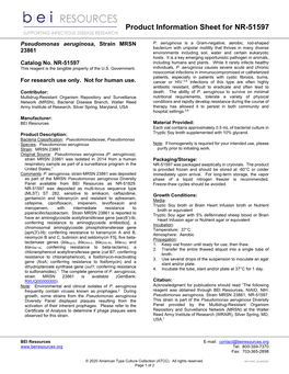BEI Resources Product Information Sheet Catalog No. NR-51597 Pseudomonas Aeruginosa, Strain MRSN 23861