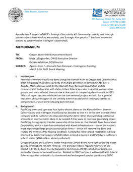 Item F – Klamath Dam Removal - Contingency Funding March 9-10, 2021 Board Meeting
