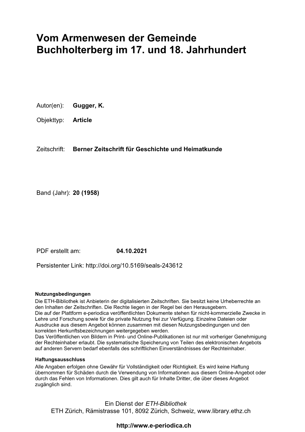 Vom Armenwesen Der Gemeinde Buchholterberg Im 17. Und 18