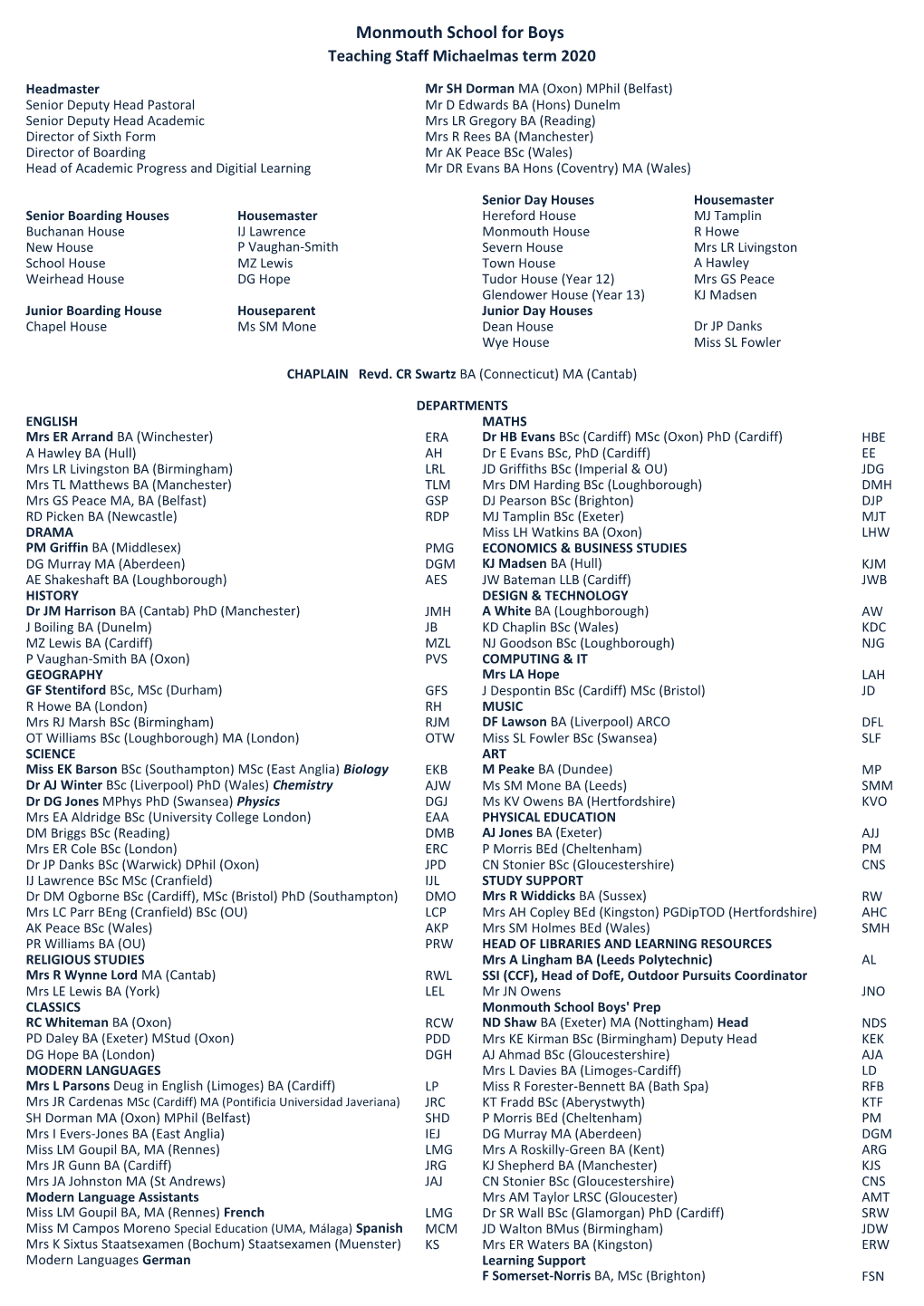 Monmouth School for Boys Teaching Staff Michaelmas Term 2020